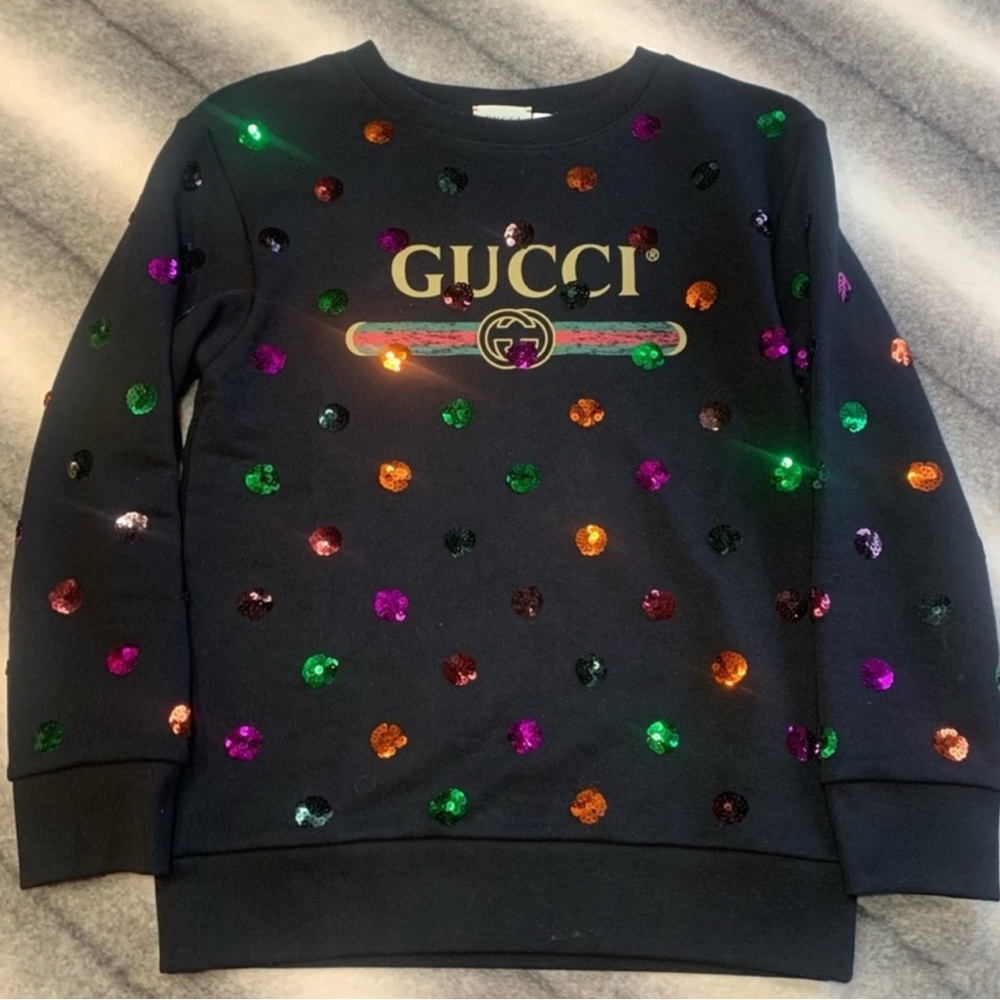 Gucci Logo Print Sequin Multi Dot Black Sweater Girls Pullover Sweatshirt